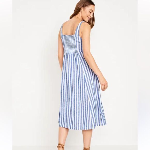 Old Navy Fit & Flare Linen Blend Midi Dress womens large white and blue stripe - Picture 2 of 13